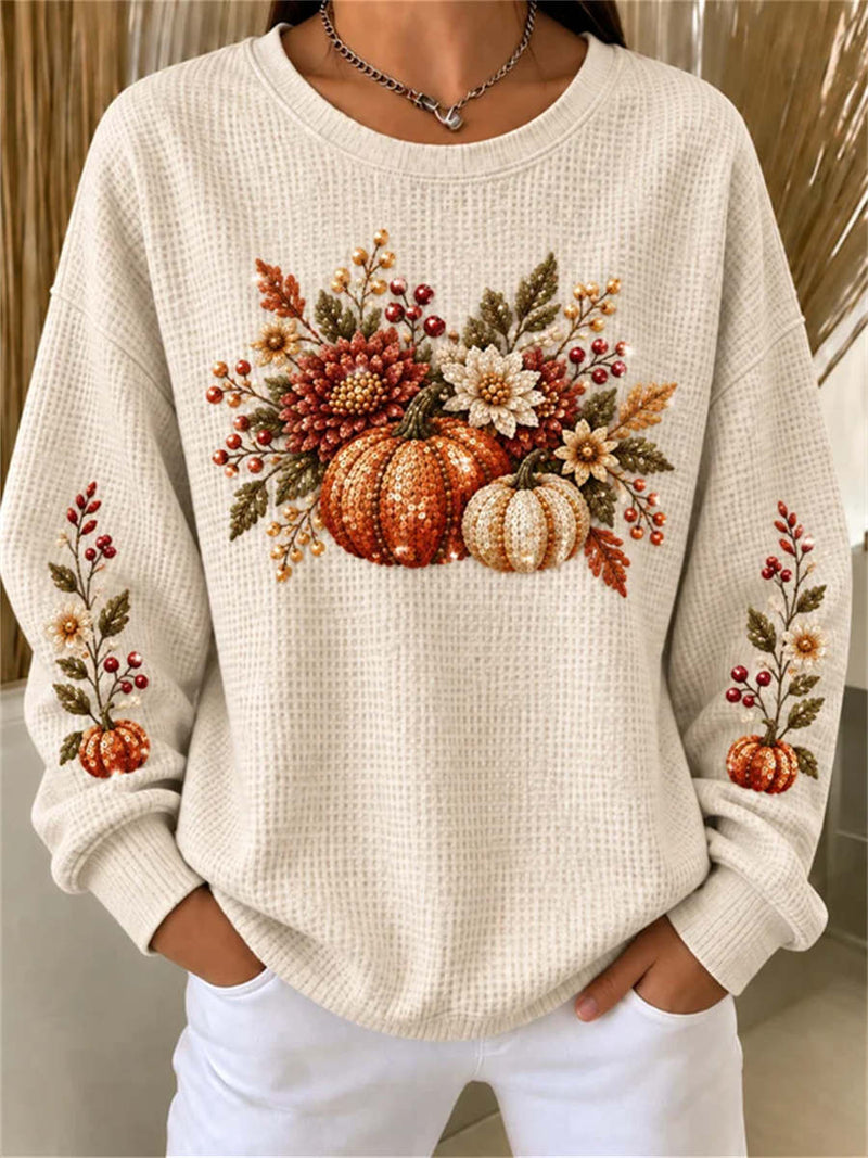 Women's Thanksgiving Cream Pumpkin Print Round Neck Long Sleeve Sweatshirt