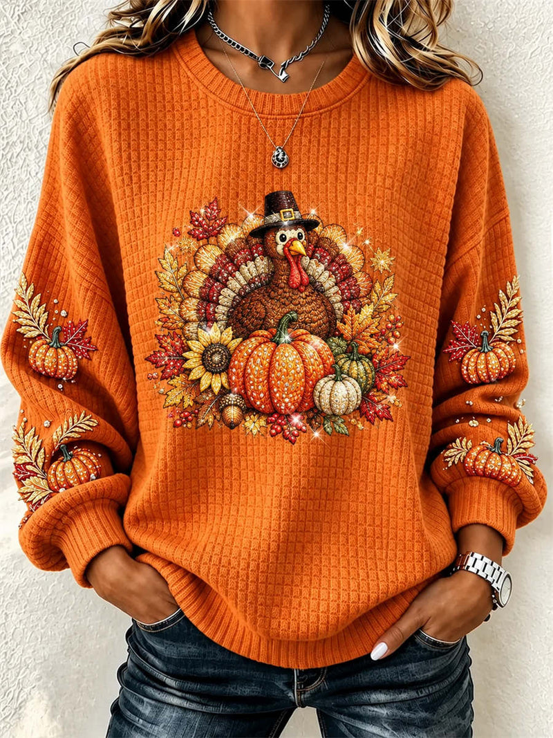 Women's Thanksgiving Orange Turkey Pumpkin Round Neck Long Sleeve Sweatshirt