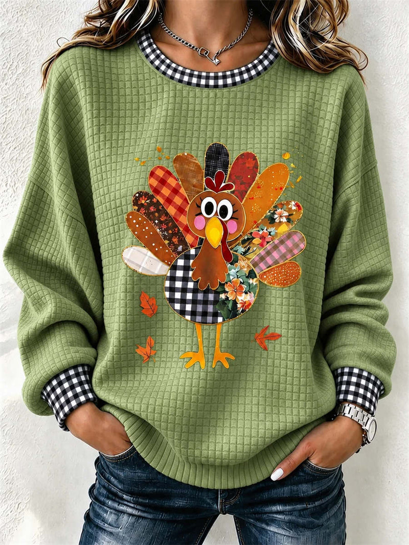Women's Thanksgiving Green Turkey Plaid Trim Round Neck Long Sleeve Sweatshirt