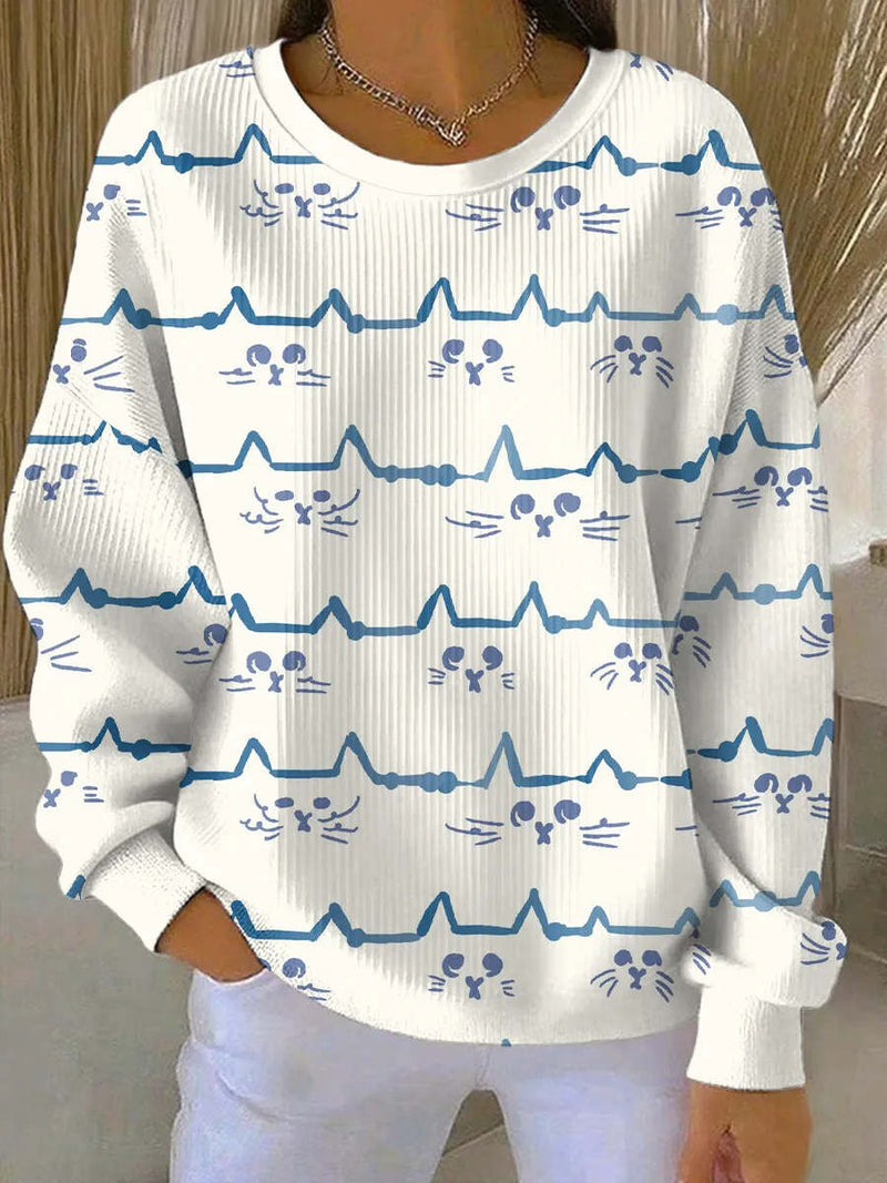 Women's White Blue Cat Line Print Round Neck Long Sleeve Sweatshirt