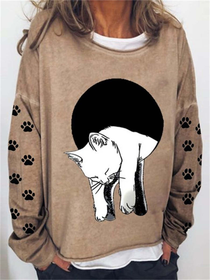 Women's Khaki White Cat Paw Print Round Neck Long Sleeve Sweatshirt