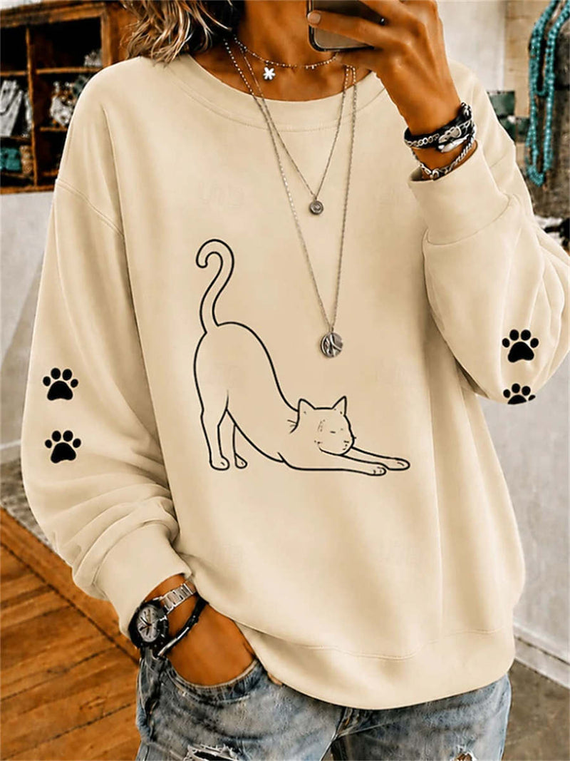 Women's Beige Stretching Cat Paw Print Round Neck Long Sleeve Sweatshirt