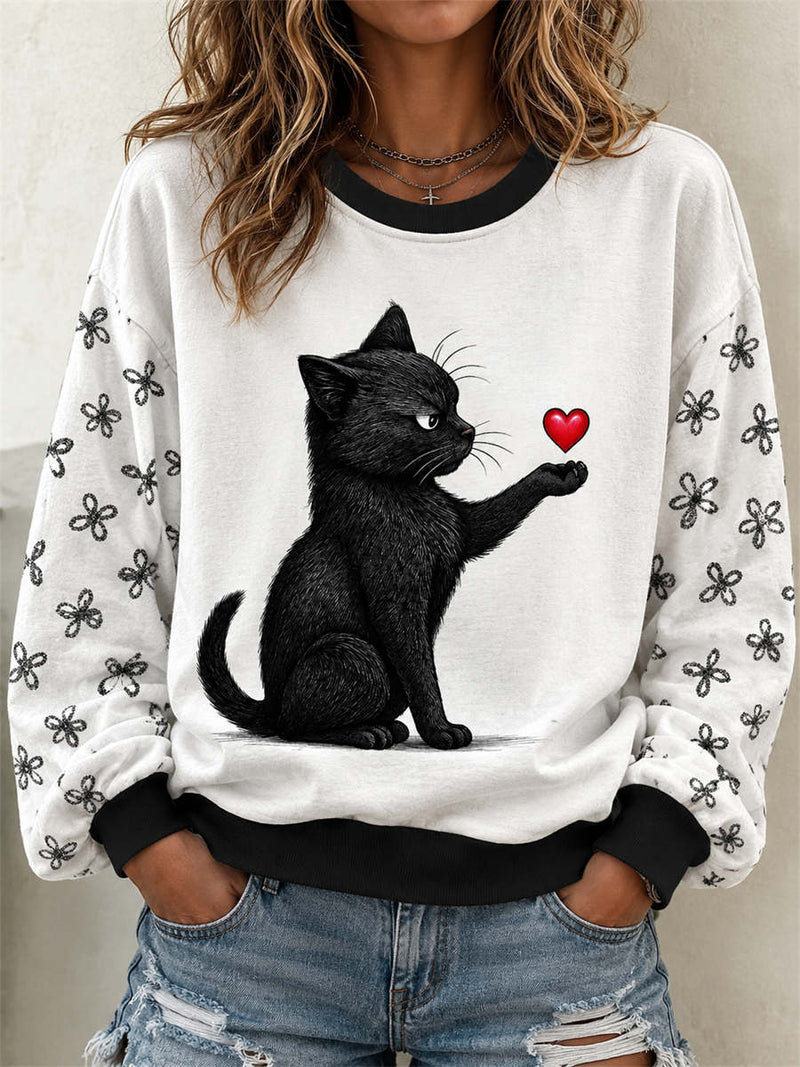 Women's White Black Cat Red Heart Floral Sleeve Round Neck Long Sleeve Sweatshirt