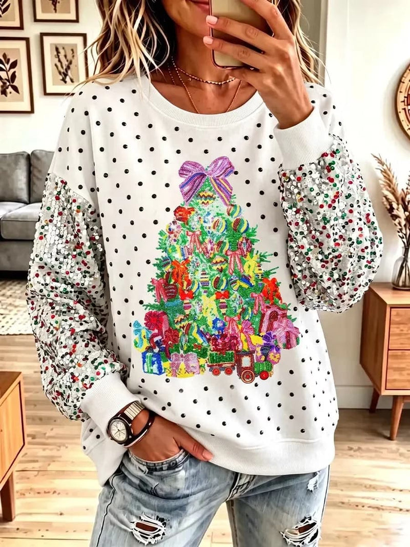 Women's Christmas Colorful Tree Print Round Neck Long Sleeve Sweatshirt