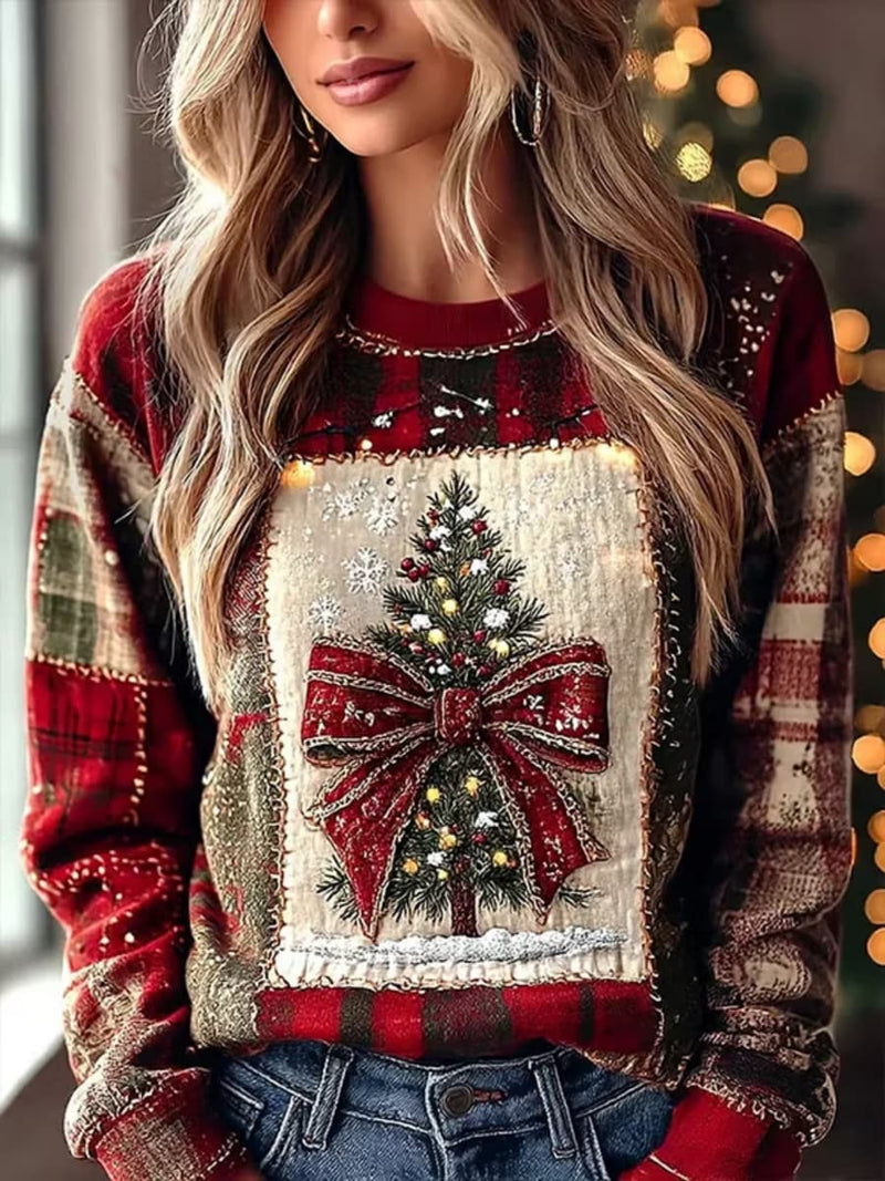 Women's Christmas Multi Red Green Plaid Christmas Tree Bow Print Round Neck Long Sleeve Sweatshirt