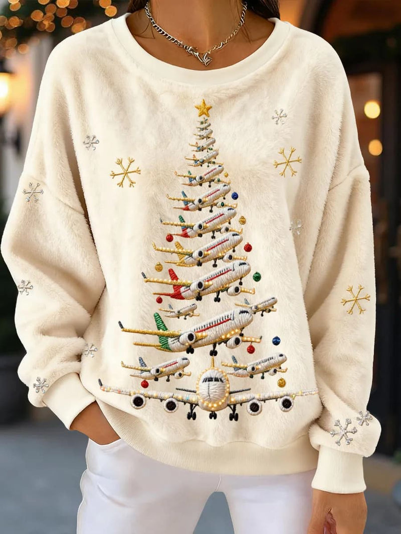 Women's Christmas Cream Airplane Christmas Tree Print Round Neck Long Sleeve Sweatshirt