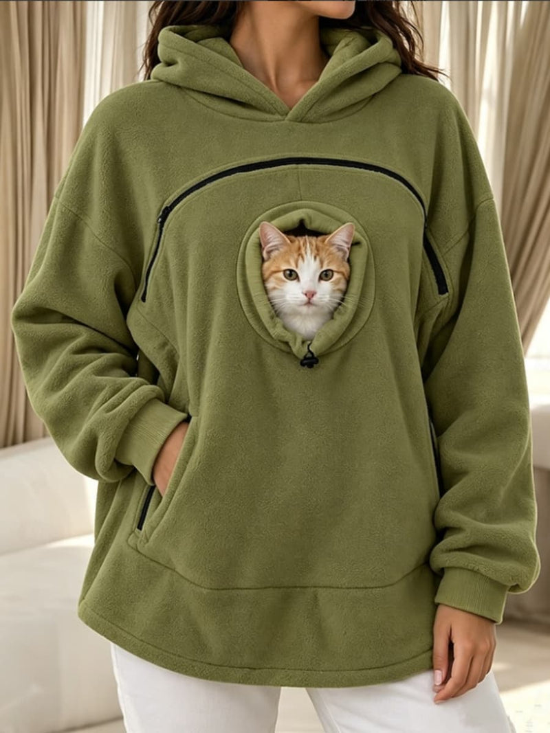Women's Sage Green Cat Carrier Pocket Print Hooded Long Sleeve Sweatshirt