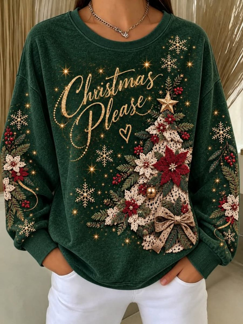 Women's Christmas Dark Green Christmas Tree Letter Print Crew Neck Long Sleeve Sweatshirt