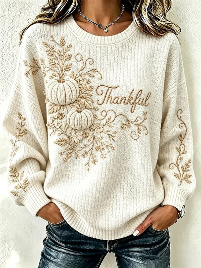 Women's Thanksgiving Cream Pumpkin Floral Letter Print Crew Neck Long Sleeve Sweatshirt