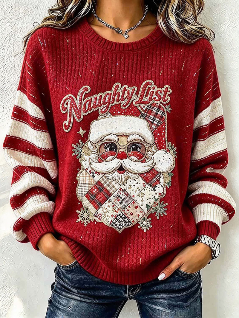 Women's Christmas Red Santa Print Round Neck Long Sleeve Sweatshirt