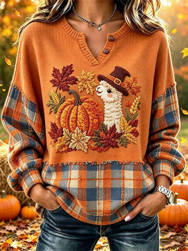 Women's Thanksgiving Orange Alpaca Pumpkin Print Notch Neck Long Sleeve Sweatshirt