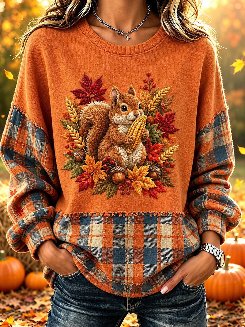 Women's Thanksgiving Orange Squirrel Harvest Print Round Neck Long Sleeve Sweatshirt