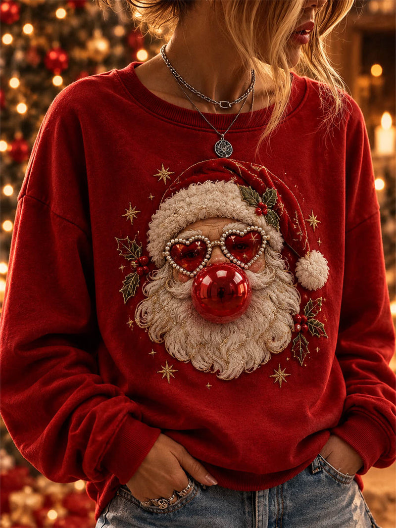 Women's Christmas Red Santa Claus Print Round Neck Long Sleeves Sweatshirt