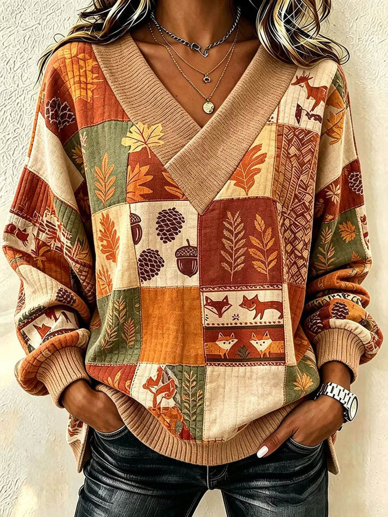 Women's Thanksgiving Multi Patchwork Print V Neck Long Sleeves Sweatshirt