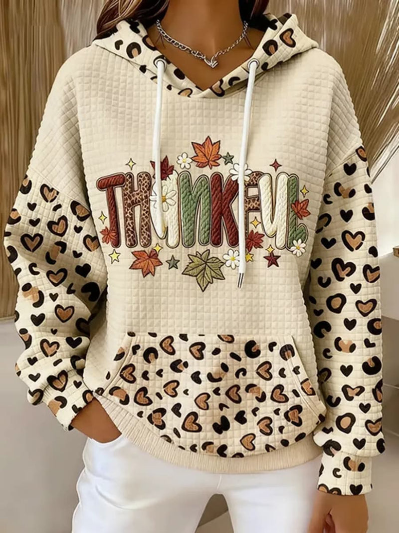 Women's Thanksgiving Cream Leopard Heart Thankful Print Long Sleeve Hoodie