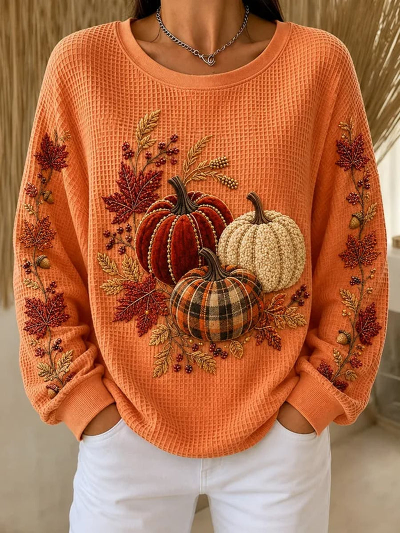 Women's Thanksgiving Orange Pumpkin Maple Leaf Print Round Neck Long Sleeve Sweatshirt