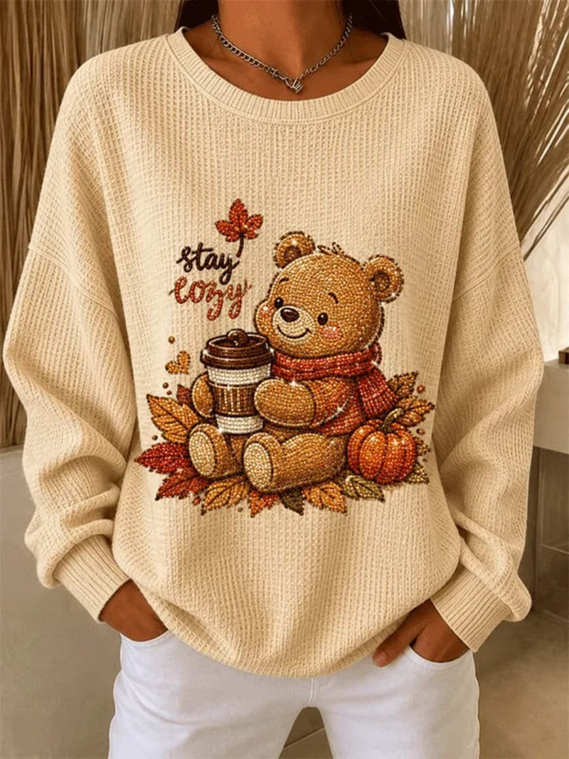 Women's Thanksgiving Cream Bear Pumpkin Coffee Print Round Neck Long Sleeve Sweatshirt