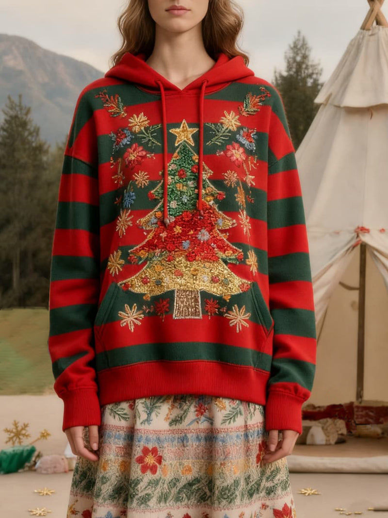 Women's Christmas Red Green Stripe Christmas Tree Floral Print Hooded Long Sleeve Hoodie