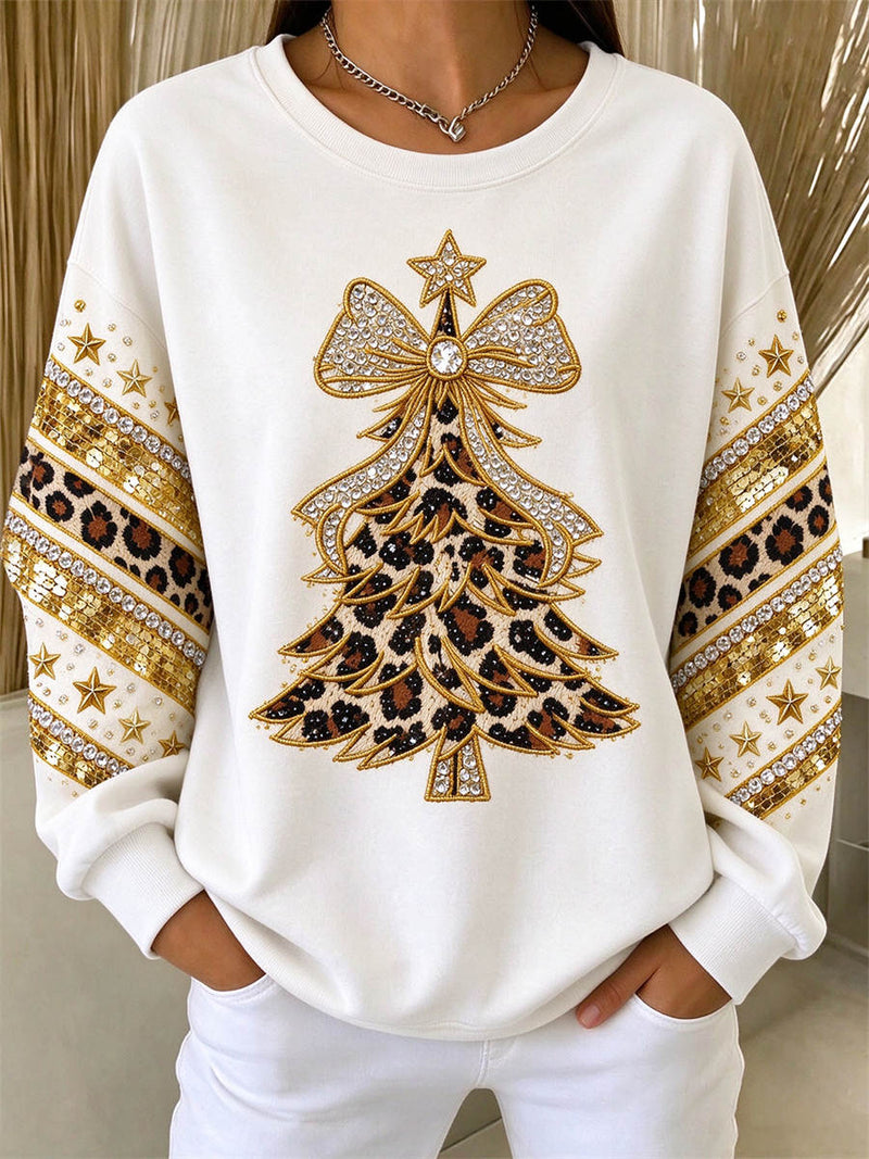 Women's Christmas White Leopard Christmas Tree Print Round Neck Long Sleeve Sweatshirt