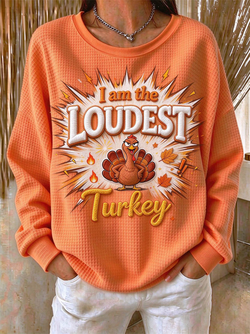 Women's Thanksgiving Orange Turkey Print Round Neck Long Sleeve Sweatshirt