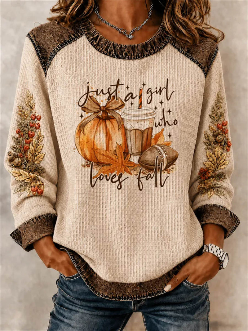 Women's Thanksgiving Beige Pumpkin Coffee Football Print Round Neck Long Sleeve Sweatshirt