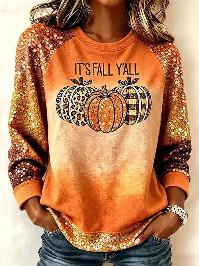 Women's Thanksgiving Orange Pumpkin Leopard Plaid Print Round Neck Long Sleeve Sweatshirt
