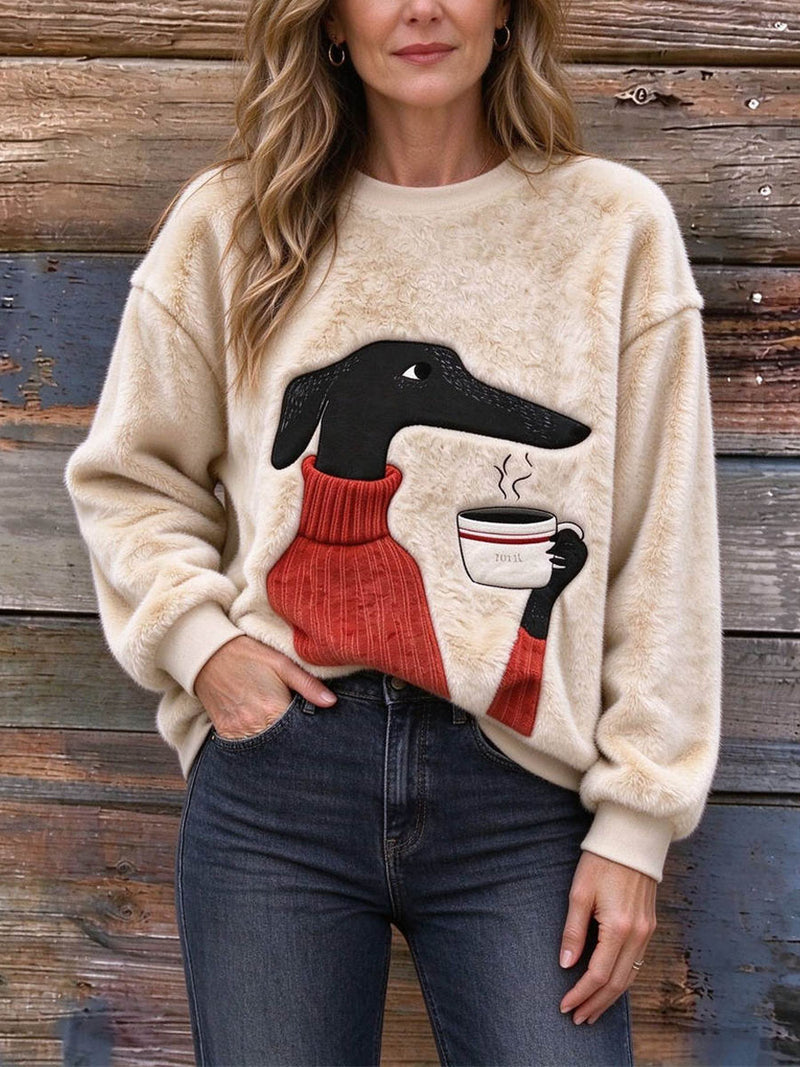 Women's Beige Greyhound Dog Coffee Print Round Neck Long Sleeve Sweatshirt