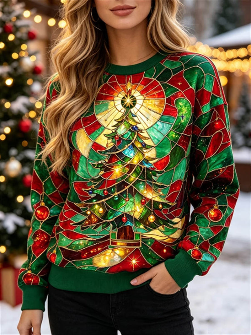 Women's Christmas Multi Print Round Neck Long Sleeve Sweatshirt