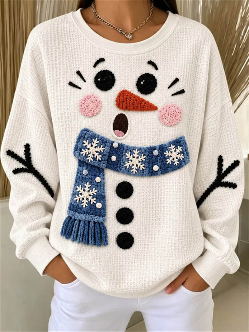 Women's Christmas White Print Round Neck Long Sleeve Sweatshirt