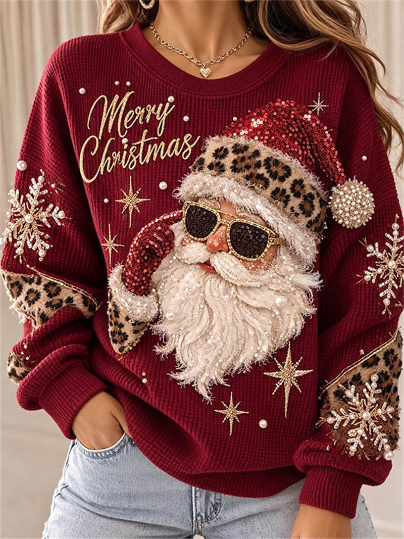 Women's Christmas Burgundy Print Round Neck Long Sleeve Sweatshirt