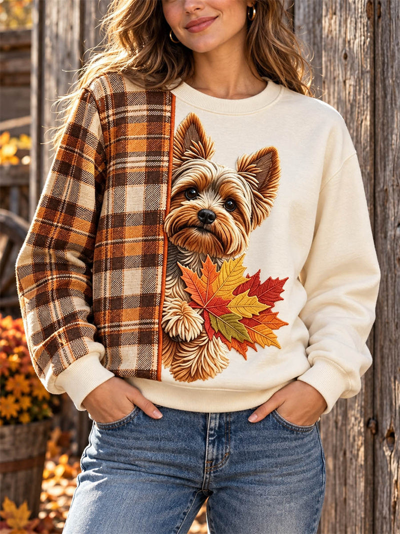 Women's Thanksgiving Cream Plaid Splicing Yorkshire Dog Print Round Neck Long Sleeve Sweatshirt