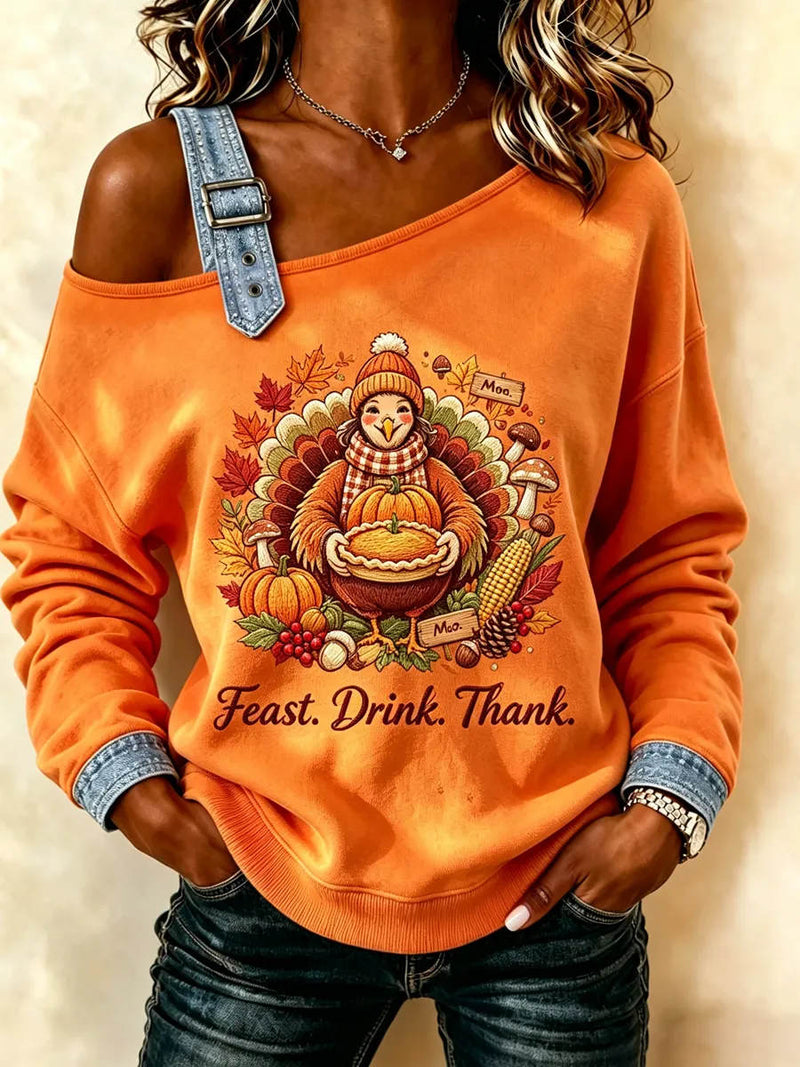 Women's Thanksgiving Orange Cartoon Turkey Print Off Shoulder Long Sleeve Sweatshirt