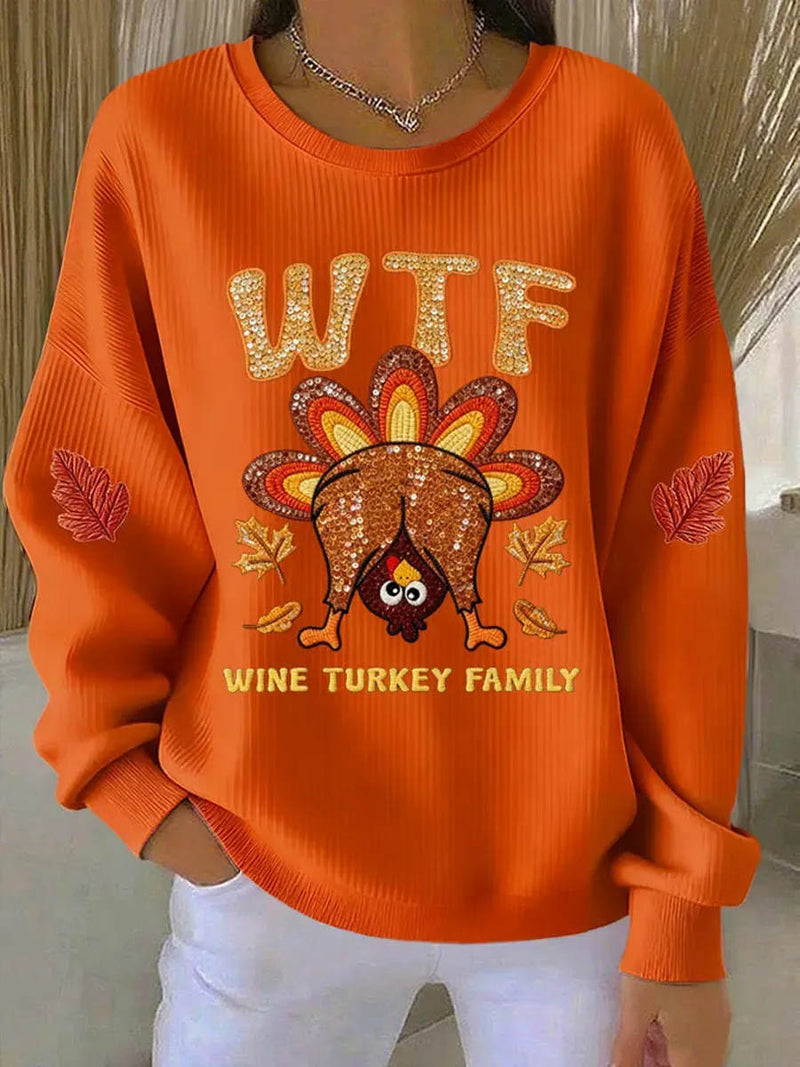 Women's Thanksgiving Orange Funny Turkey Print Round Neck Long Sleeve Sweatshirt