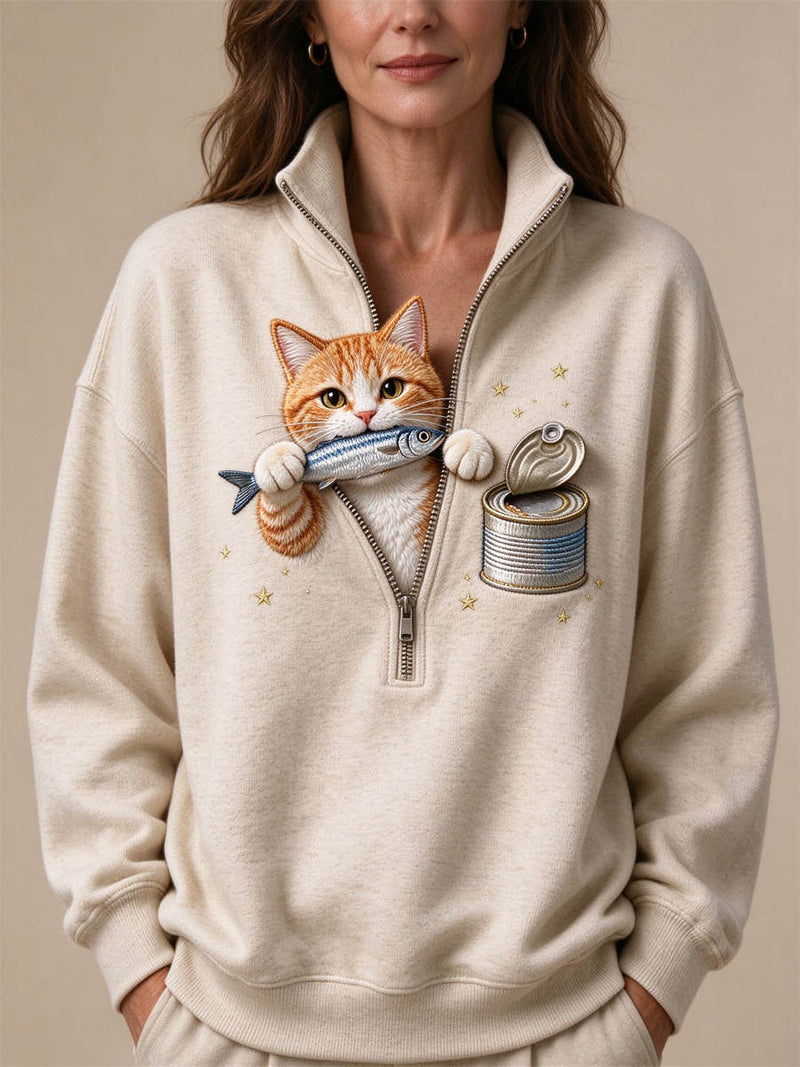 Women's Oat Orange Cat Catching Fish Print Quarter Zip Long Sleeve Sweatshirt