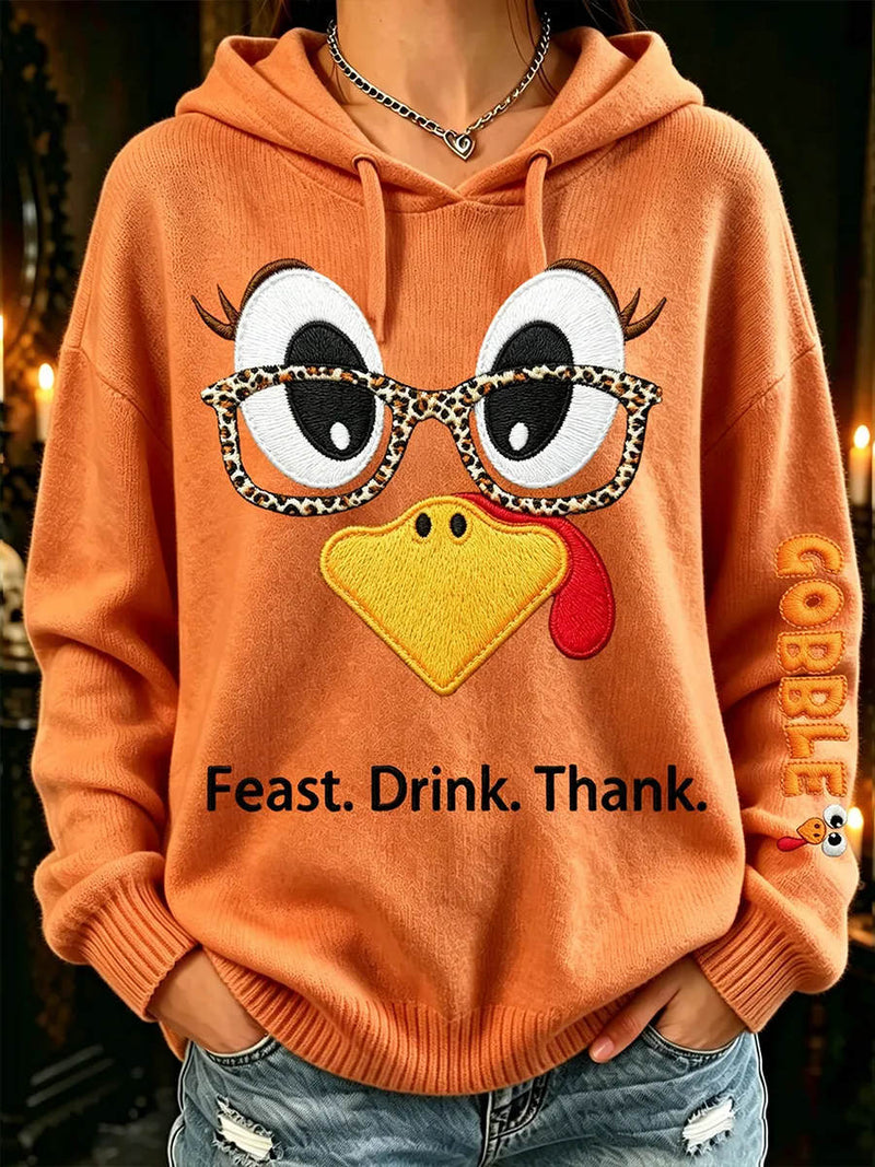 Women's Thanksgiving Orange Turkey Print Round Neck Long Sleeve Hoodie