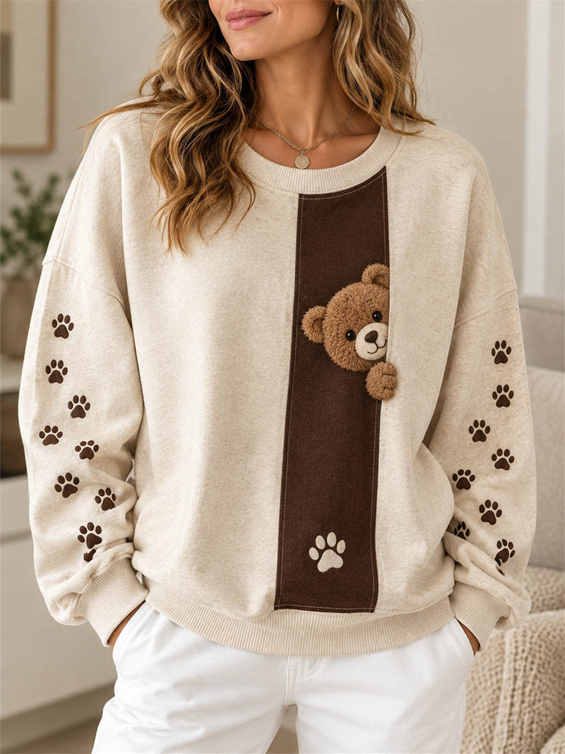 Women's Oatmeal Bear Paw Print Round Neck Long Sleeve Sweatshirt