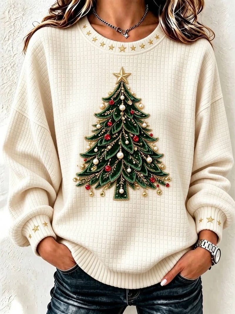 Women's Christmas Cream Christmas Tree Print Round Neck Long Sleeve Sweatshirt