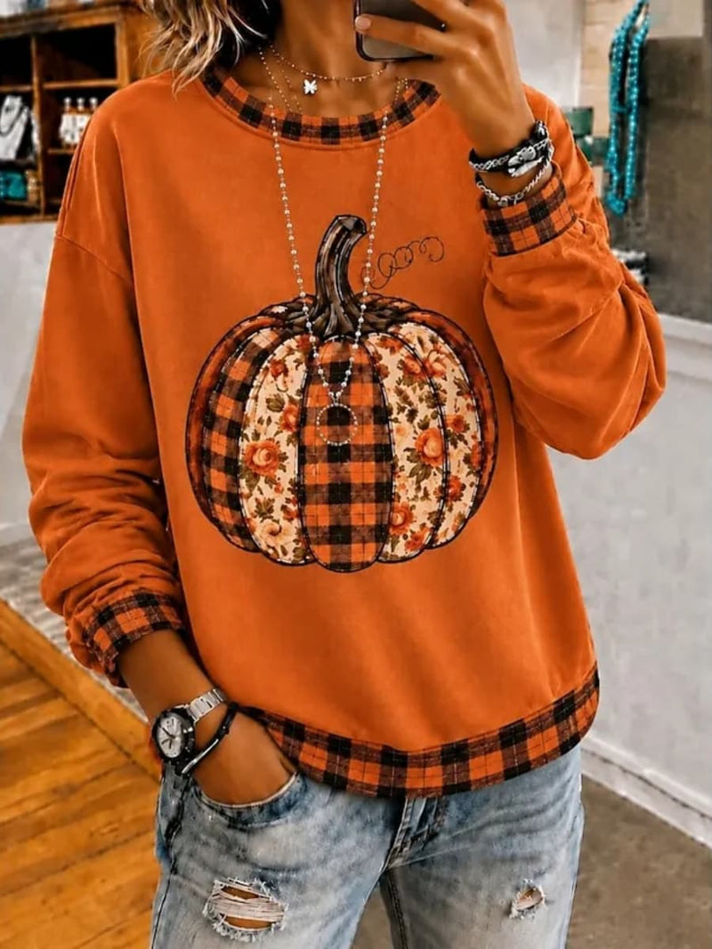 Women's Thanksgiving Orange Plaid Pumpkin Print Round Neck Long Sleeve Sweatshirt
