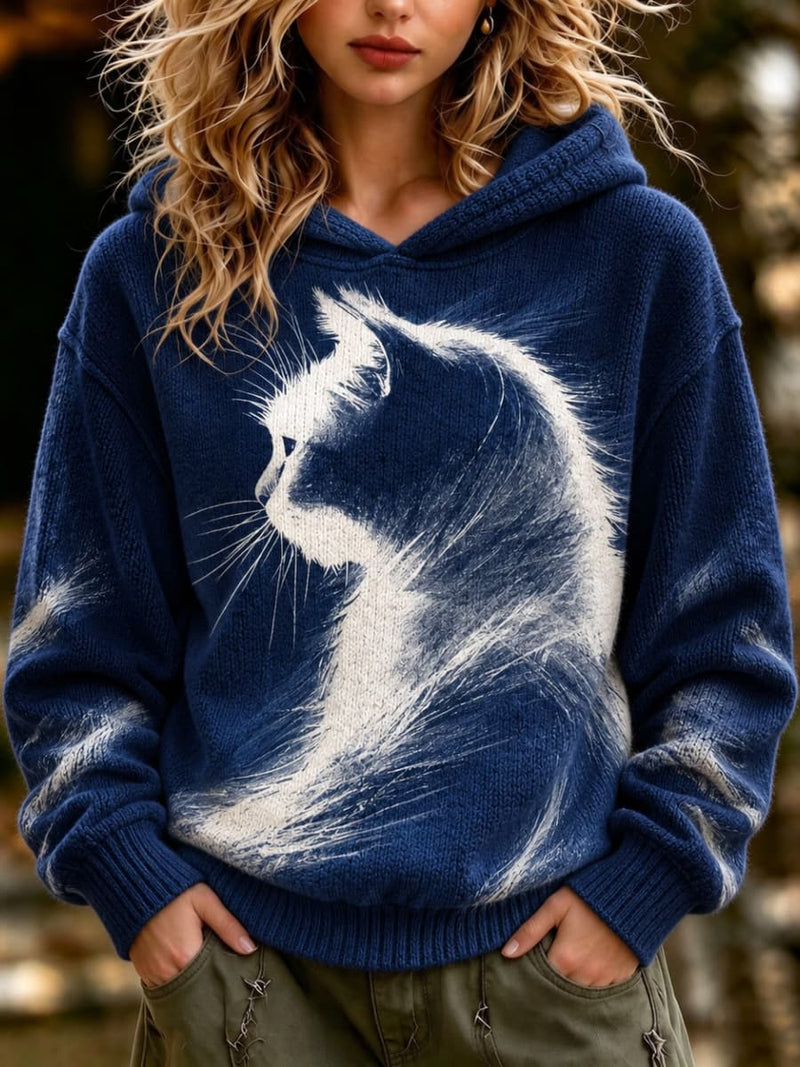 Women's Navy Blue Cat Sketch Print Hooded Long Sleeve Hoodie