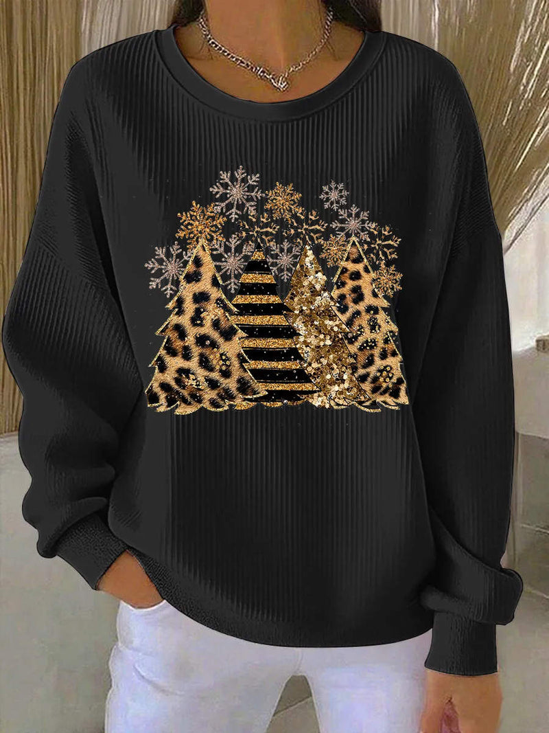 Women's Christmas Black Leopard Christmas Tree Snowflake Print Round Neck Long Sleeve Sweatshirt