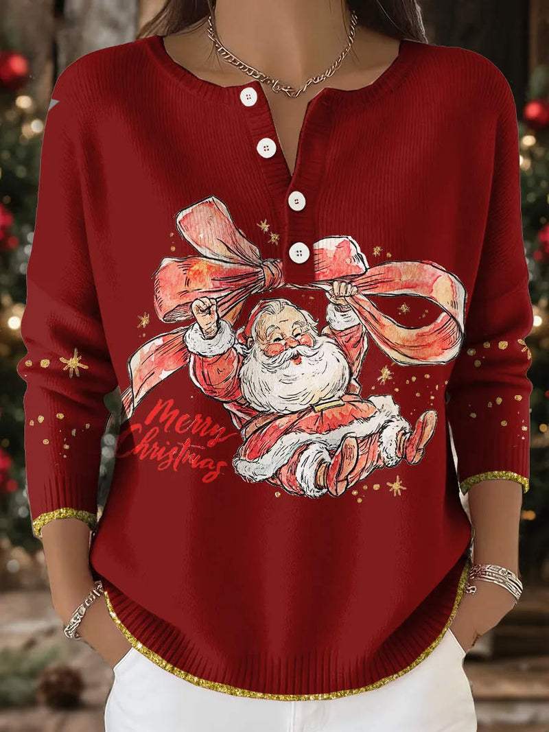 Women's Christmas Red Santa Bow Print Henley Long Sleeve Sweatshirt