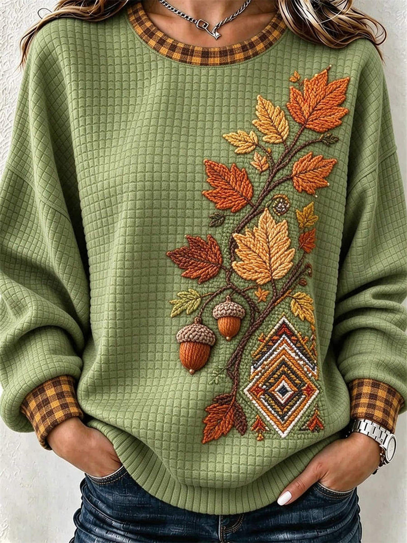 Women's Thanksgiving Green Maple Leaf Acorn Print Round Neck Long Sleeve Sweatshirt