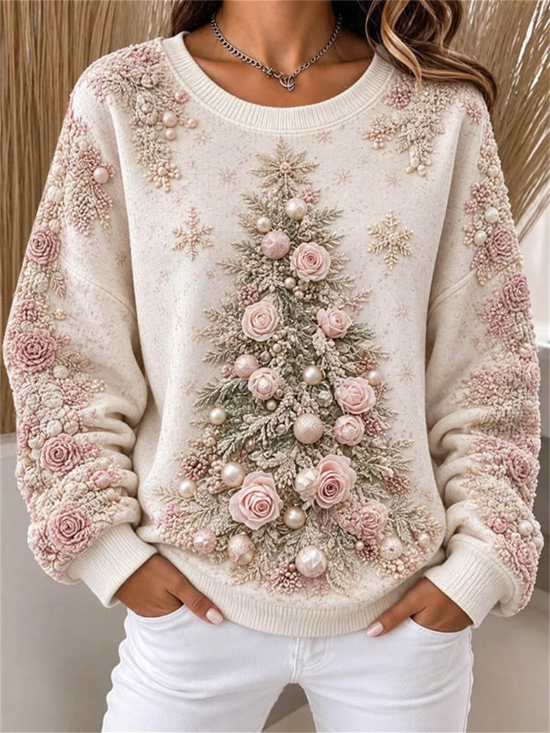 Women's Christmas Off White Rose Christmas Tree Snowflake Print Crew Neck Long Sleeve Sweatshirt