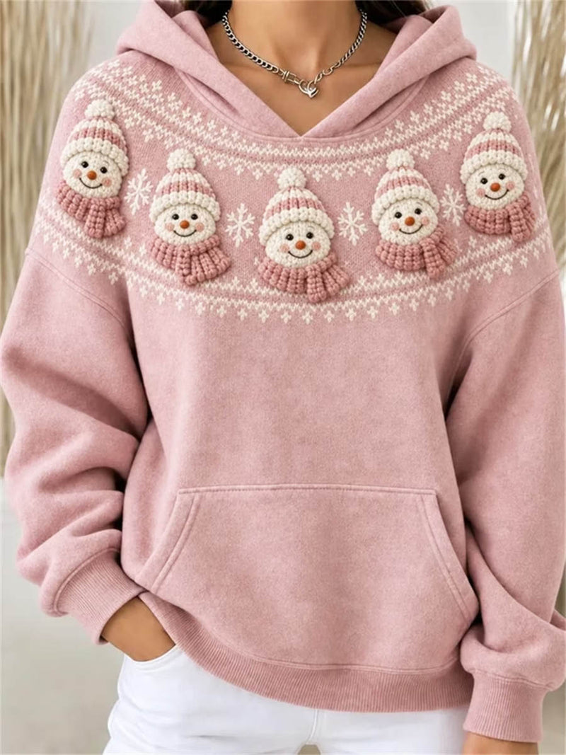 Women's Christmas Pink Snowman Print V Neck Long Sleeve Hoodie
