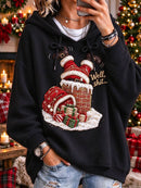 Women's Christmas Santa Chimney Print Hood Collar Long Sleeves Hoodie