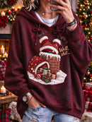 Women's Christmas Santa Chimney Print Hood Collar Long Sleeves Hoodie