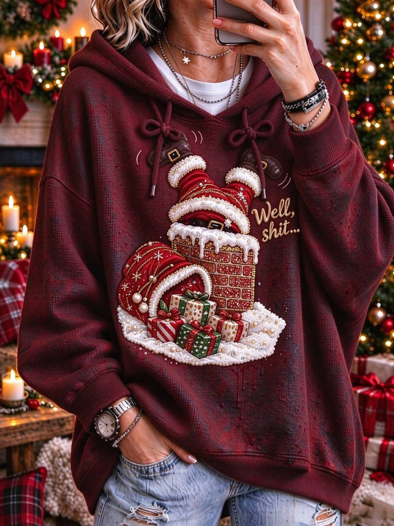 Women's Christmas Santa Chimney Print Hood Collar Long Sleeves Hoodie