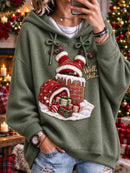 Women's Christmas Santa Chimney Print Hood Collar Long Sleeves Hoodie