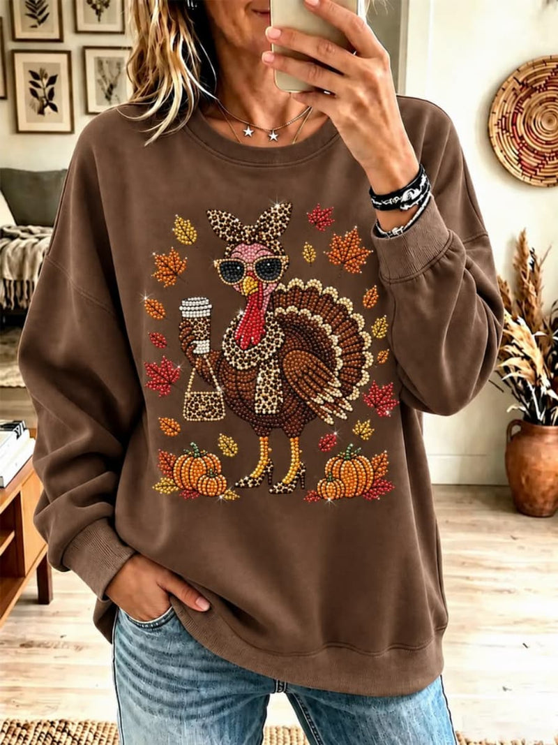 Women's Thanksgiving Brown Turkey Maple Leaf Print Round Neck Long Sleeve Sweatshirt