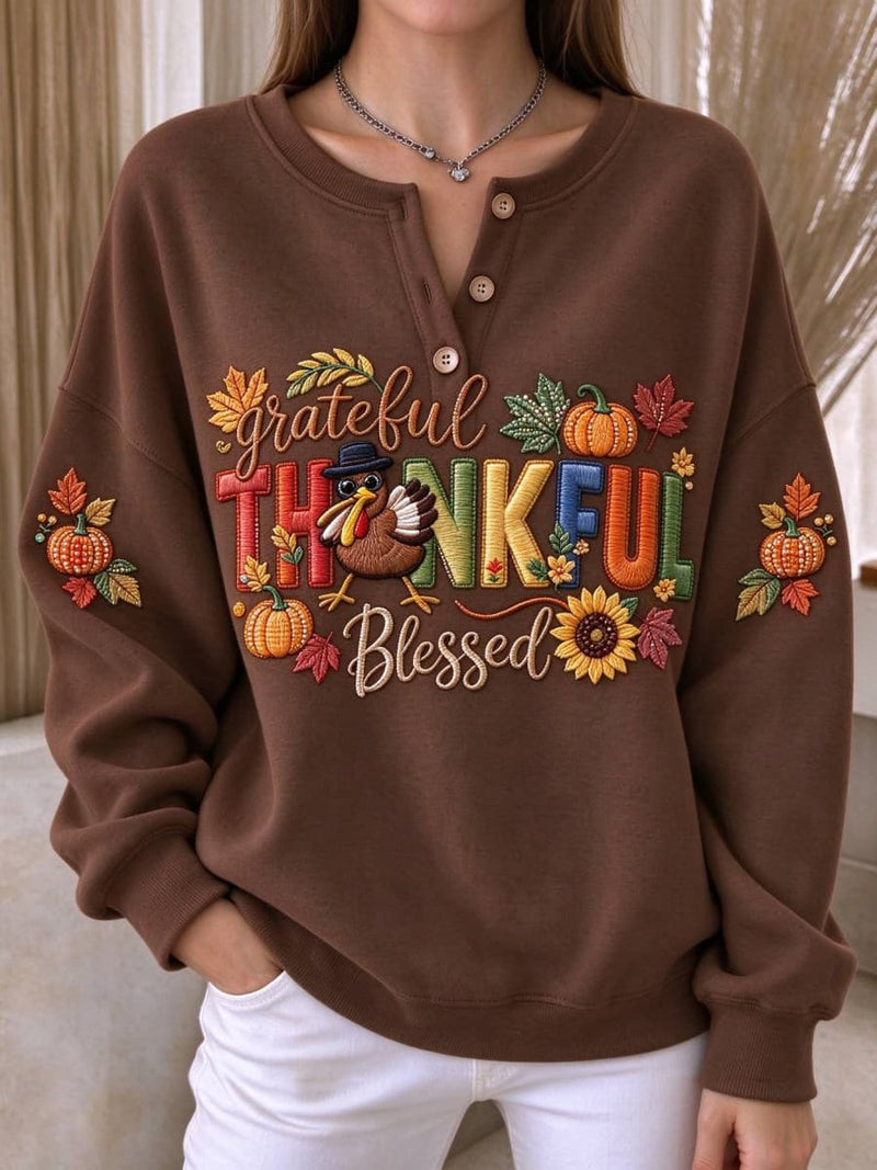 Women's Thanksgiving Brown Pumpkin Sunflower Turkey Print Henley Long Sleeve Sweatshirt